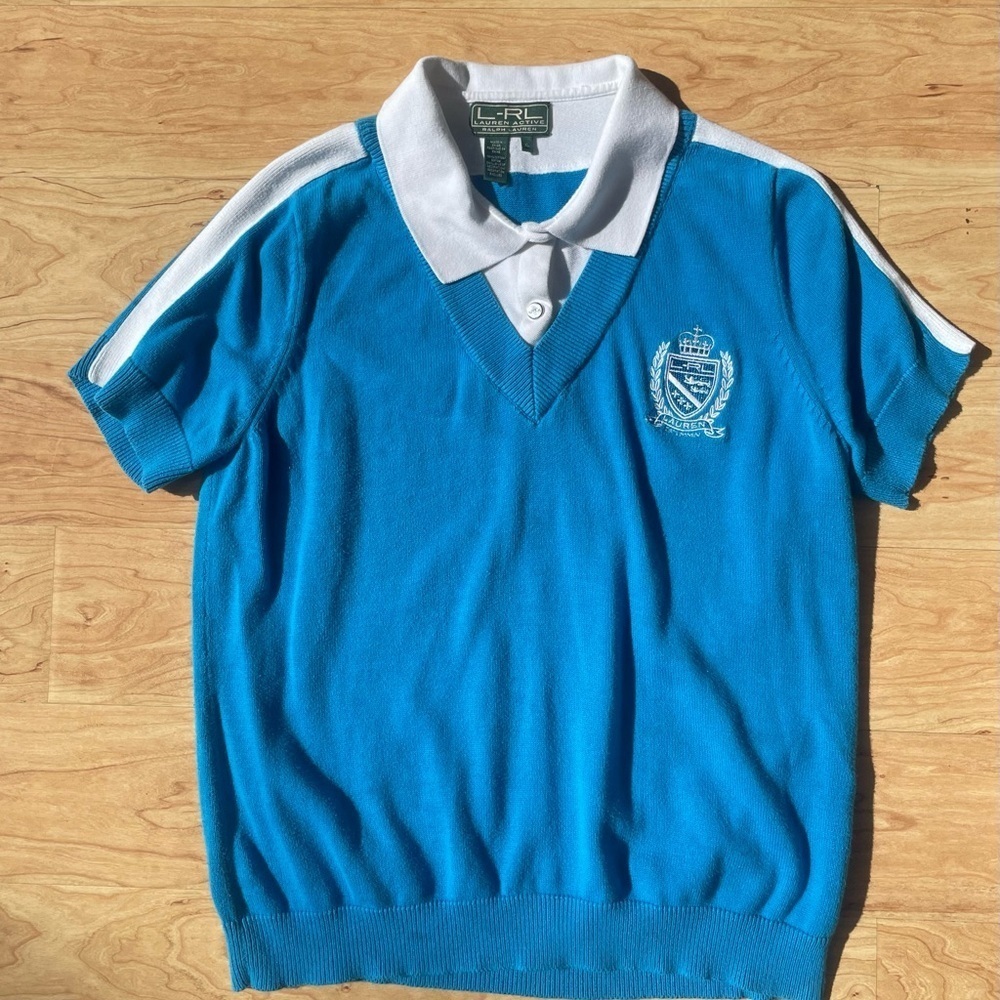 Vintage Ralph Lauren Rugby Collared Knit Blue White Embroidered Crest Heritage L - Picture 2 of 7
